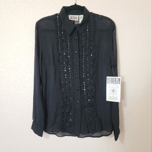 Bill Blass Black Sheer Ruffle Front Collared Button Sequin Blouse NWT Goth Twee
